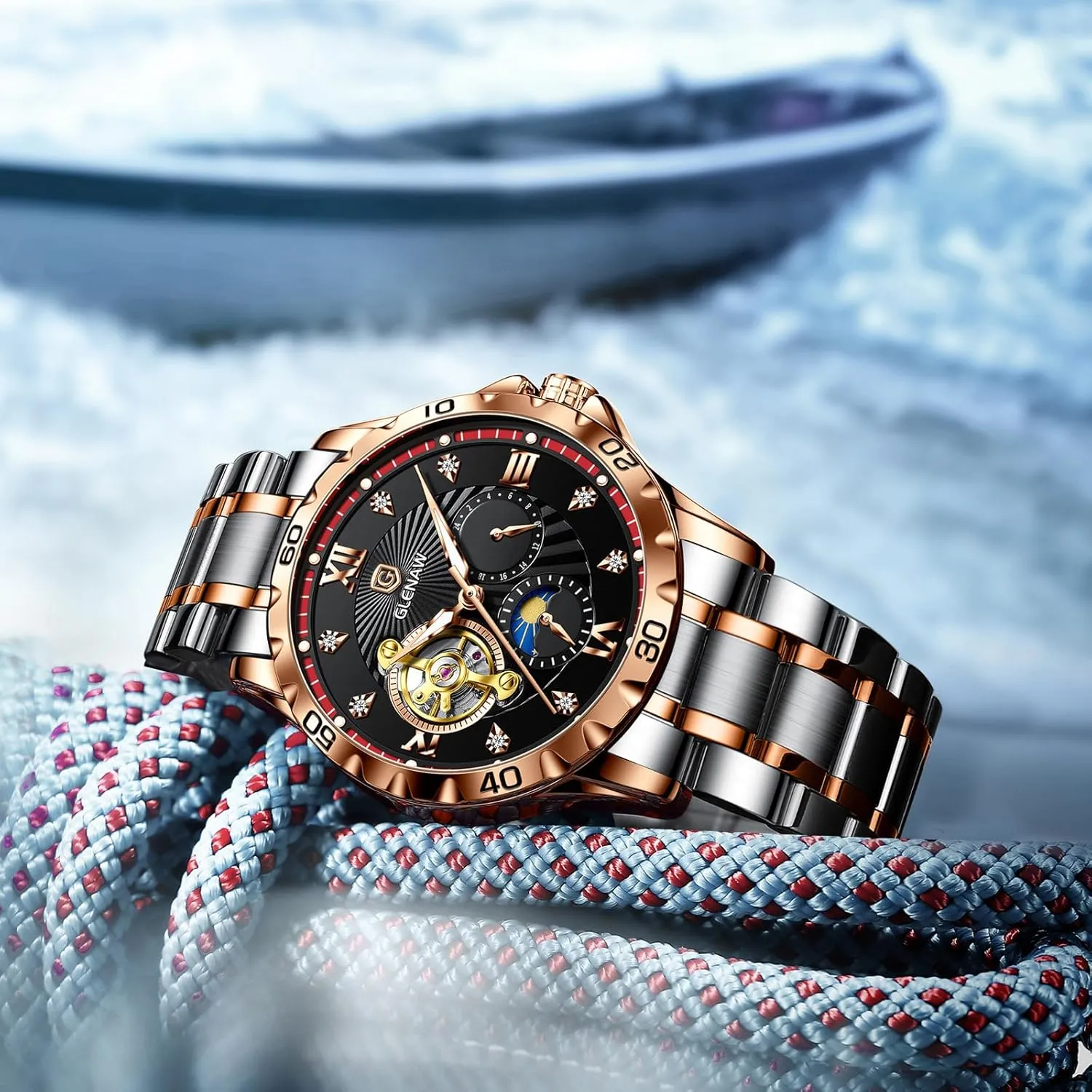 Mechanical Watch Diamond Dial Wrist Watch Party Automatic parkway tine baedeker Watches for Men, Rhinestones Markers Waterproof Watches for Men Stainless Steel Strap Skeleton Self-Winding 