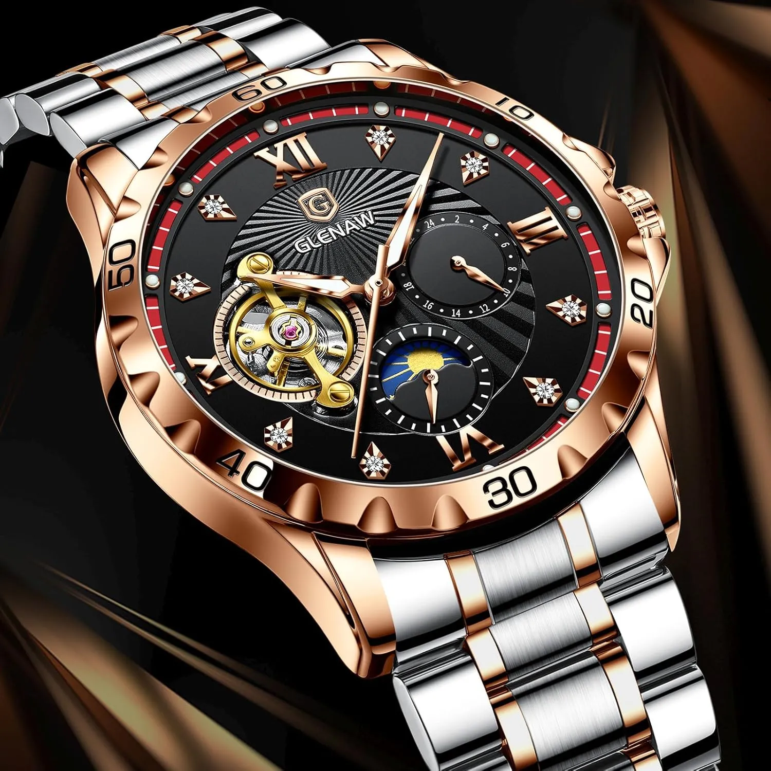 Mechanical Watch Diamond Dial Wrist Watch Party Automatic parkway tine baedeker Watches for Men, Rhinestones Markers Waterproof Watches for Men Stainless Steel Strap Skeleton Self-Winding 