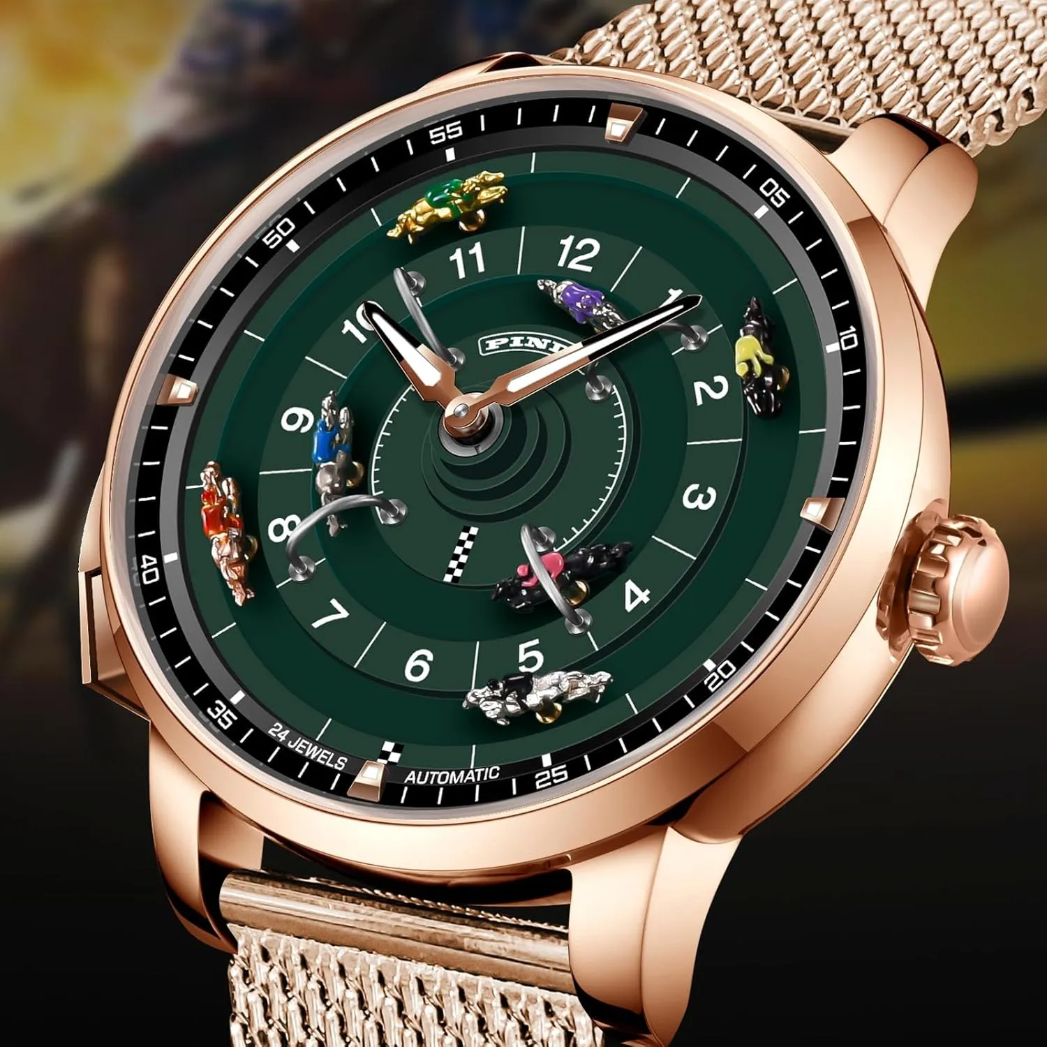 Mechanical Watch for Board Game Night PINDU coexist concur heed Automatic Watches for Men, NH35A Movement Design Button Control Rotating Horse Racing Game Watch with 7 Metal Horses, 