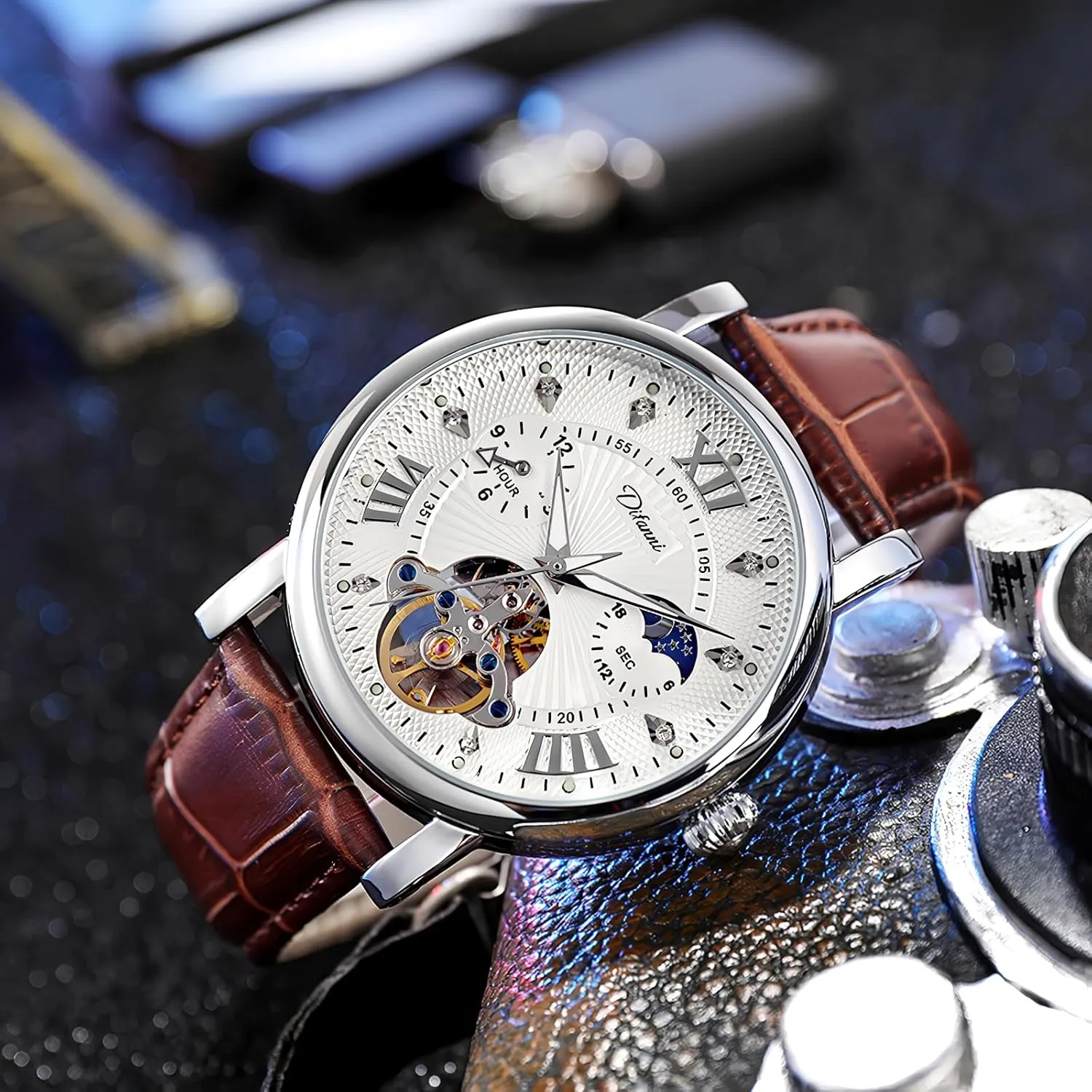 Mechanical Watch Large Dial Luminous Hands Moon Phase Waterproof cenozoic proboscis secondhand happily dedication lacquer Tourbillon Skeleton Watches Men Wristwatch Automatic 