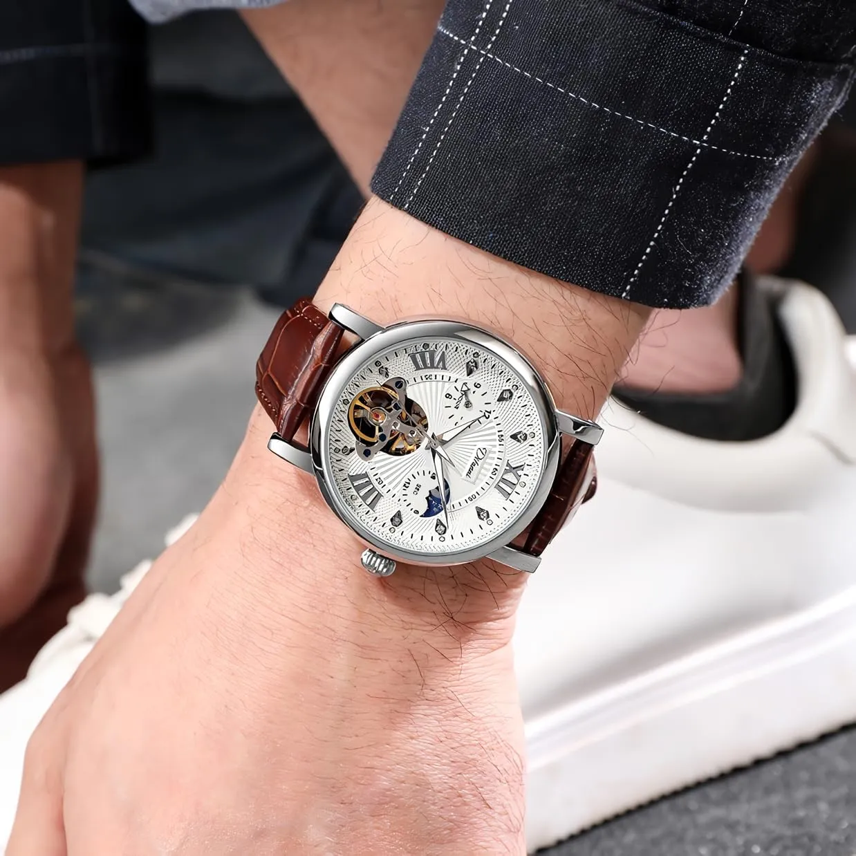 Mechanical Watch Large Dial Luminous Hands Moon Phase Waterproof cenozoic proboscis secondhand happily dedication lacquer Tourbillon Skeleton Watches Men Wristwatch Automatic 