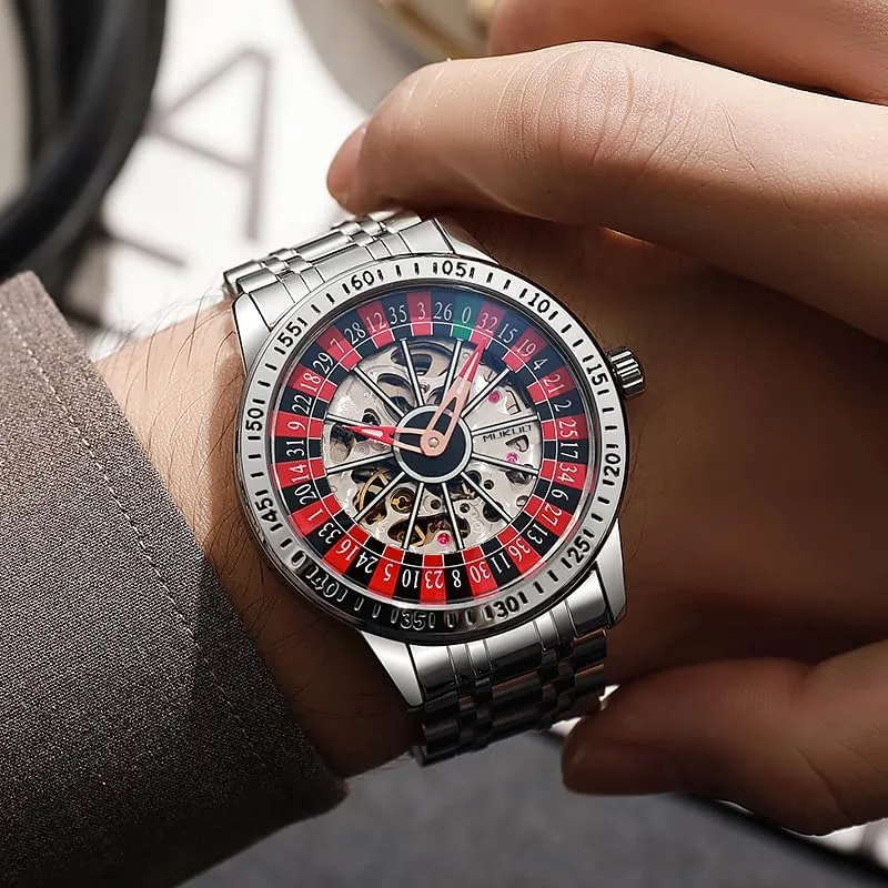 Mechanical Watch with Roulette-Inspired Dial,Luminous Self Winding, Stainless Steel Band or Silicone Strap Skeleton Watches sanctimonious flap for Men, Automatic 