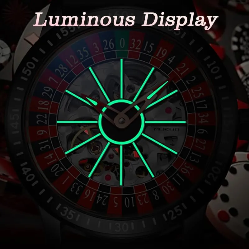 Mechanical Watch with Roulette-Inspired Dial,Luminous Self Winding, Stainless Steel Band or Silicone Strap Skeleton Watches sanctimonious flap for Men, Automatic 