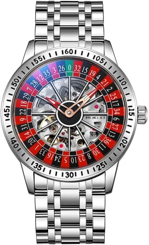 Mechanical Watch with Roulette-Inspired Dial,Luminous Self Winding, Stainless Steel Band or Silicone Strap Skeleton Watches sanctimonious flap for Men, Automatic 