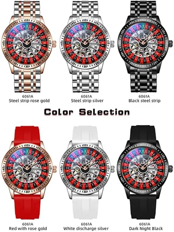 Mechanical Watch with Roulette-Inspired Dial,Luminous Self Winding, Stainless Steel Band or Silicone Strap Skeleton Watches sanctimonious flap for Men, Automatic 