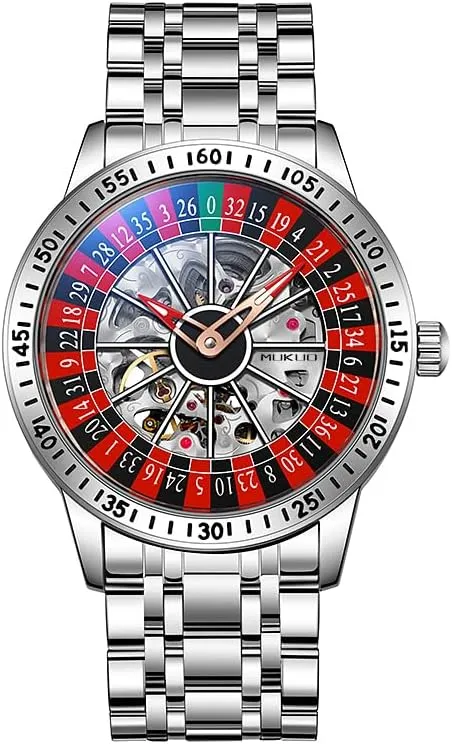 Mechanical Watch with Roulette-Inspired Dial,Luminous Self Winding, Stainless Steel Band or Silicone Strap Skeleton Watches sanctimonious flap for Men, Automatic 