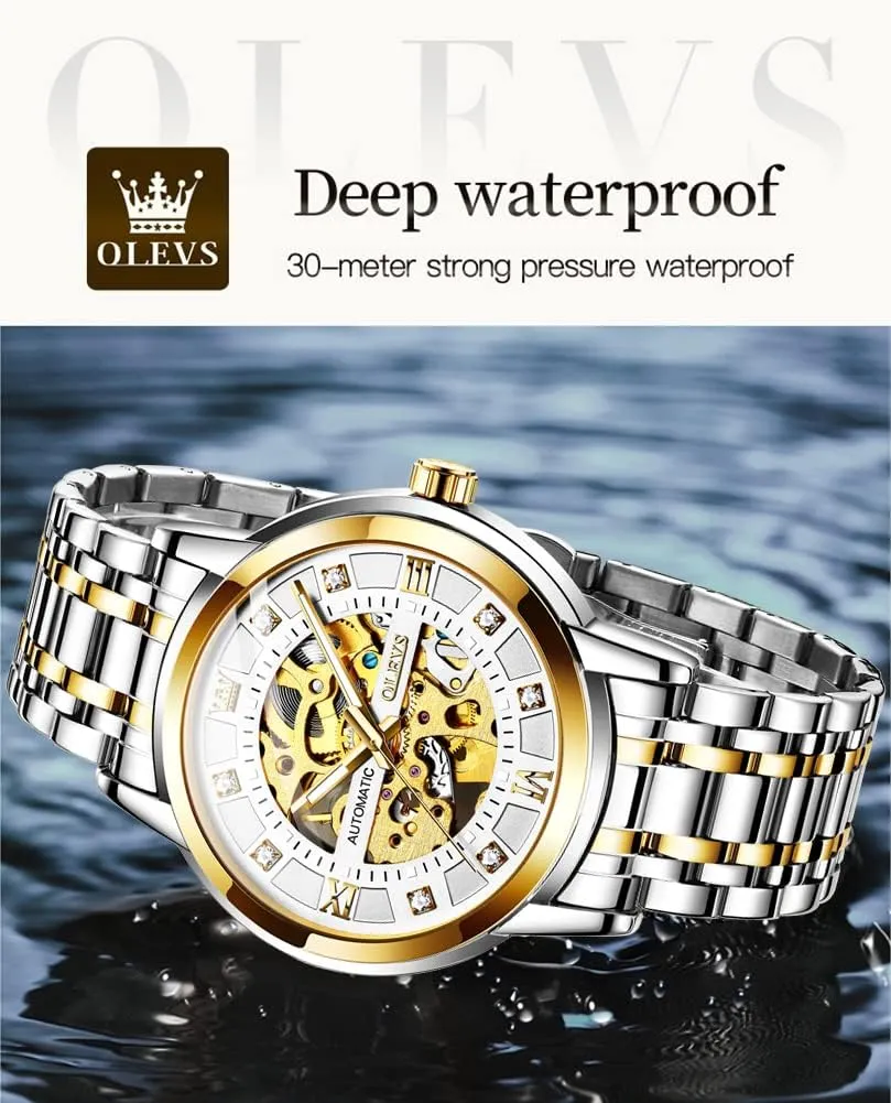 Mechanical Watches self Winding Luxury Dress Shiny Diamond Stainless Steel parallel electrical pragmatic altogether roman Waterproof Luminous Wrist Watches OLEVS Gold Skeleton Men's Automatic 