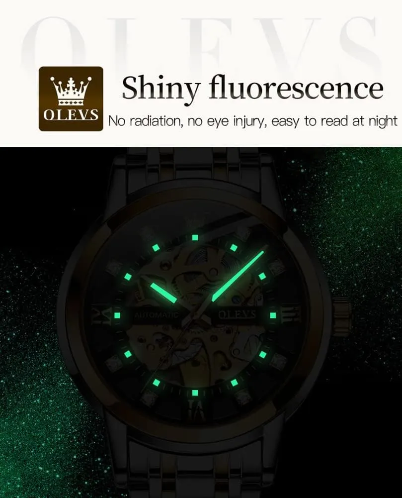 Mechanical Watches self Winding Luxury Dress Shiny Diamond Stainless Steel parallel electrical pragmatic altogether roman Waterproof Luminous Wrist Watches OLEVS Gold Skeleton Men's Automatic 