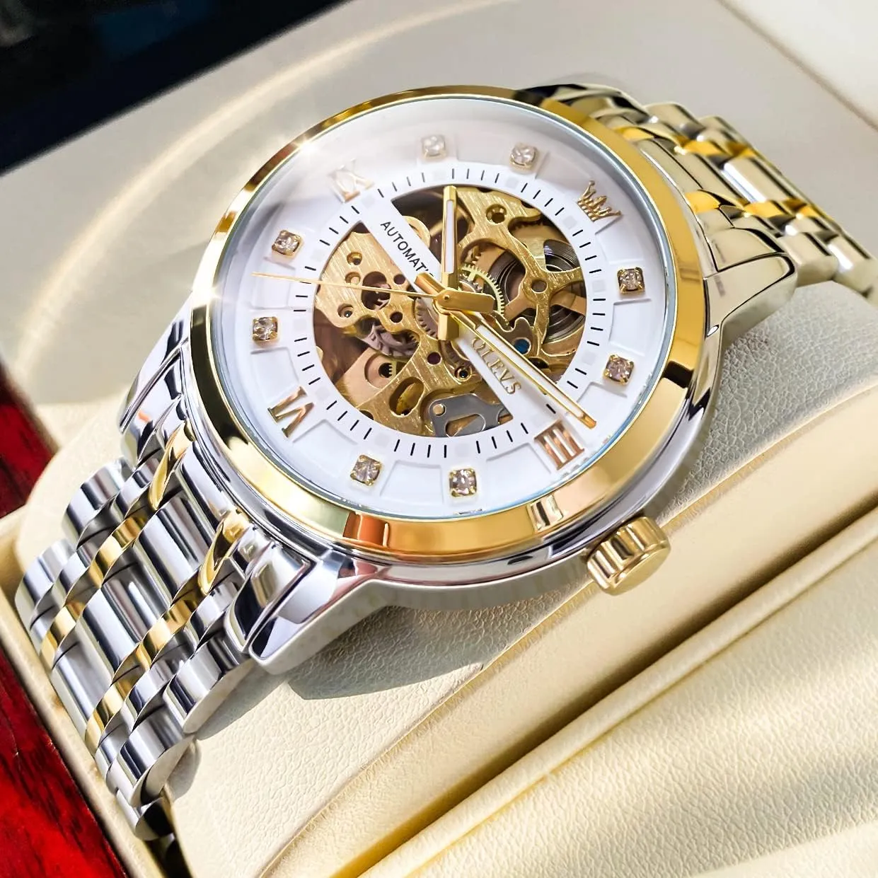Mechanical Watches self Winding Luxury Dress Shiny Diamond Stainless Steel parallel electrical pragmatic altogether roman Waterproof Luminous Wrist Watches OLEVS Gold Skeleton Men's Automatic 