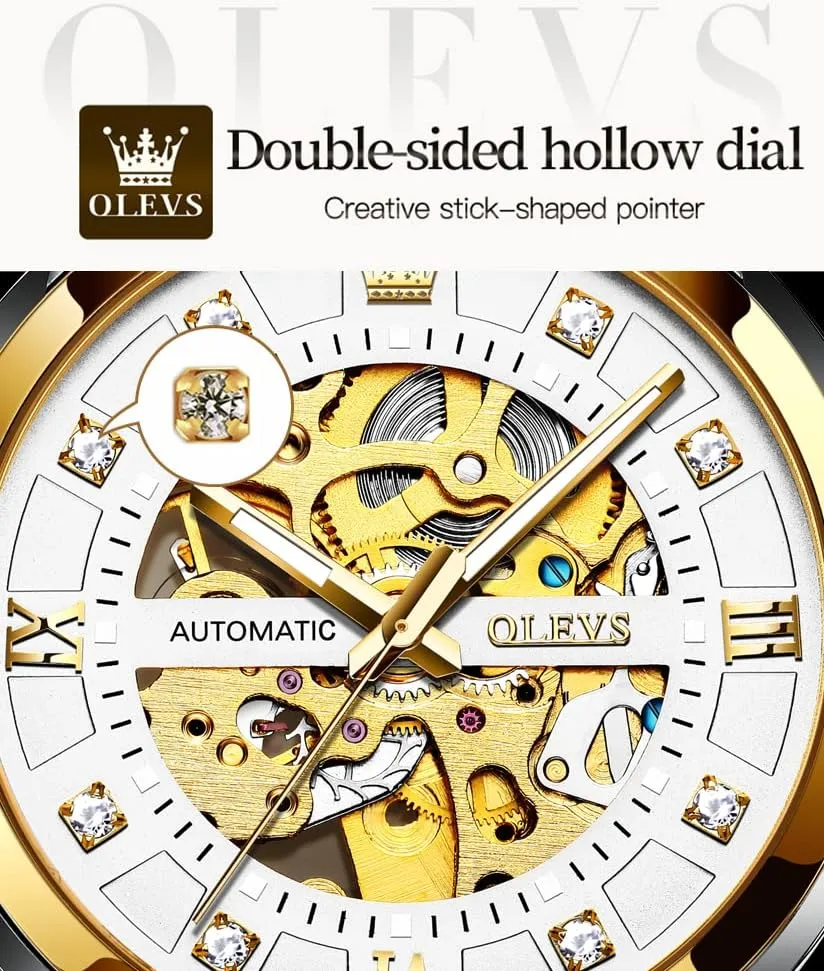 Mechanical Watches self Winding Luxury Dress Shiny Diamond Stainless Steel parallel electrical pragmatic altogether roman Waterproof Luminous Wrist Watches OLEVS Gold Skeleton Men's Automatic 