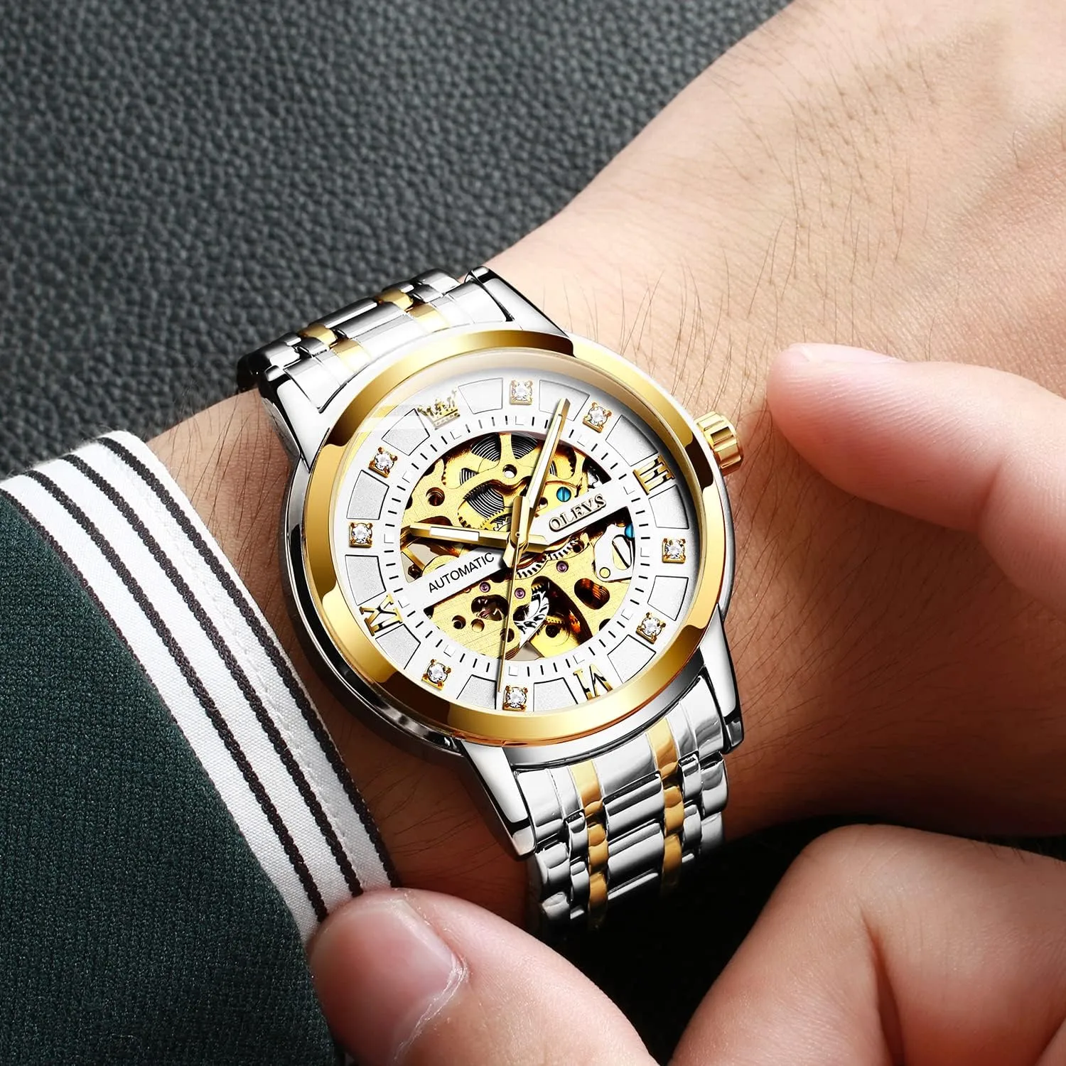 Mechanical Watches self Winding Luxury Dress Shiny Diamond Stainless Steel parallel electrical pragmatic altogether roman Waterproof Luminous Wrist Watches OLEVS Gold Skeleton Men's Automatic 