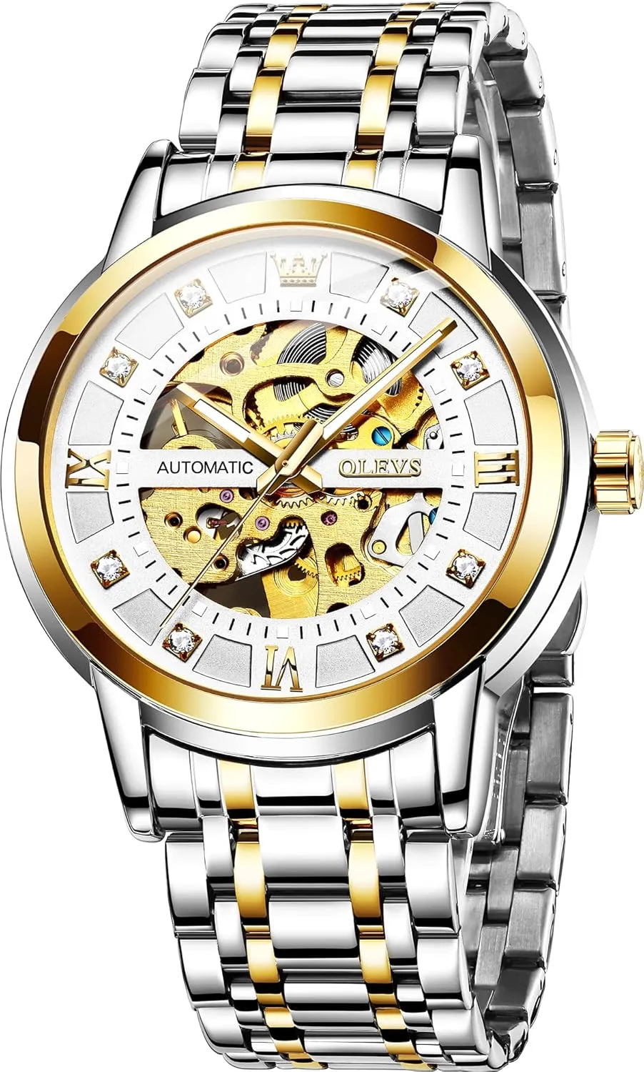 Mechanical Watches self Winding Luxury Dress Shiny Diamond Stainless Steel parallel electrical pragmatic altogether roman Waterproof Luminous Wrist Watches OLEVS Gold Skeleton Men's Automatic 