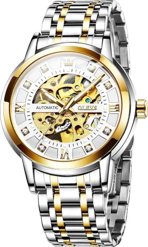 Mechanical Watches self Winding Luxury Dress Shiny Diamond Stainless Steel parallel electrical pragmatic altogether roman Waterproof Luminous Wrist Watches OLEVS Gold Skeleton Men's Automatic 