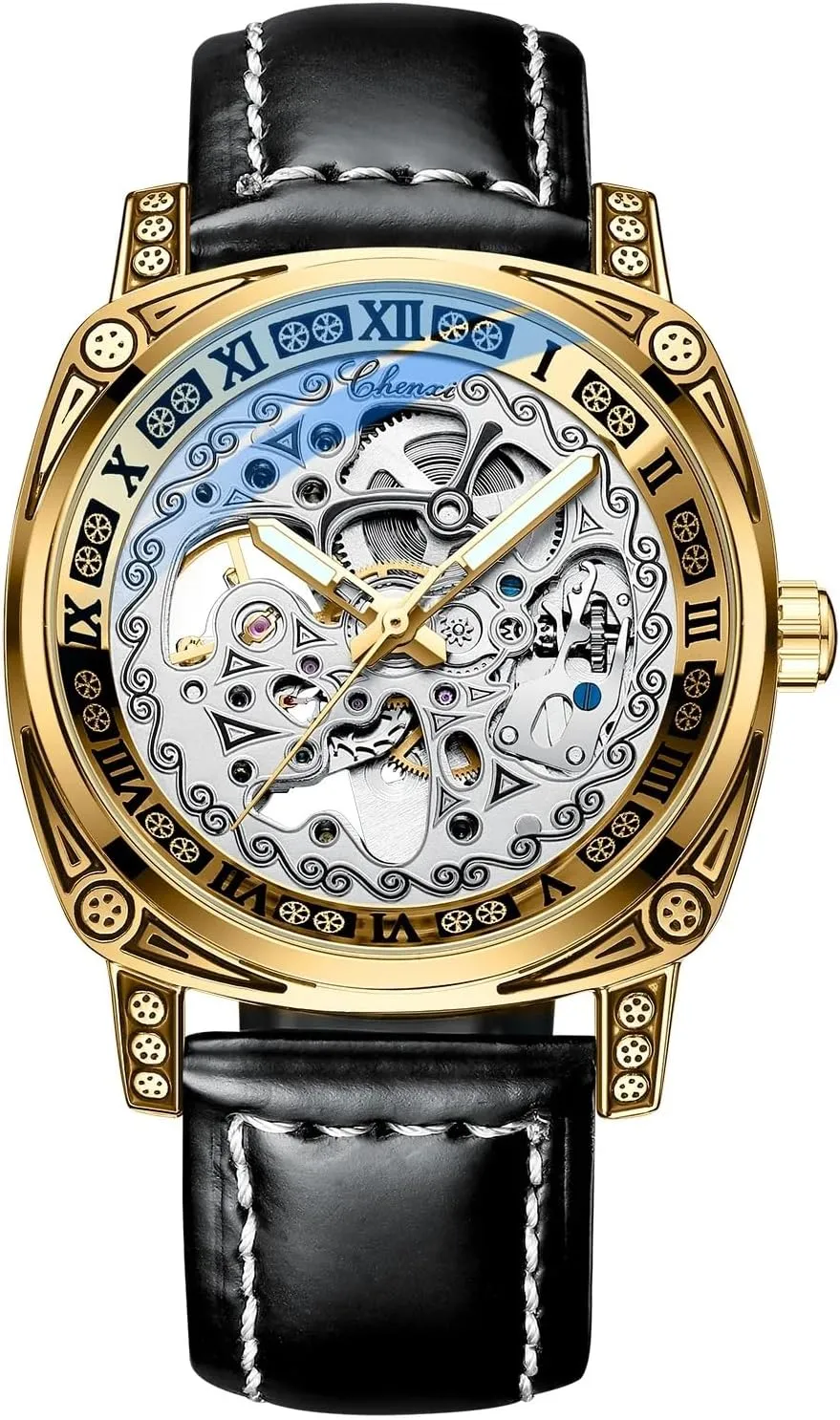 Mechanische Wristwatch Exquisite Carving Hollow Out Design Mechanical Watch Men Steampunk Skeleton Automatic Self-Wind pear nozzle Watches Leather Clock 