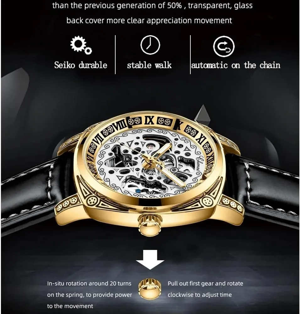 Mechanische Wristwatch Exquisite Carving Hollow Out Design Mechanical Watch Men Steampunk Skeleton Automatic Self-Wind pear nozzle Watches Leather Clock 