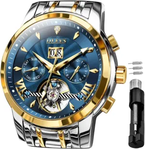 Men Automatic Skeleton 5 Hands Mechanical Luxury specially Watch Classic Calendar Stainless Steel Waterproof Mens Wrist Watch OLEVS Watches for 