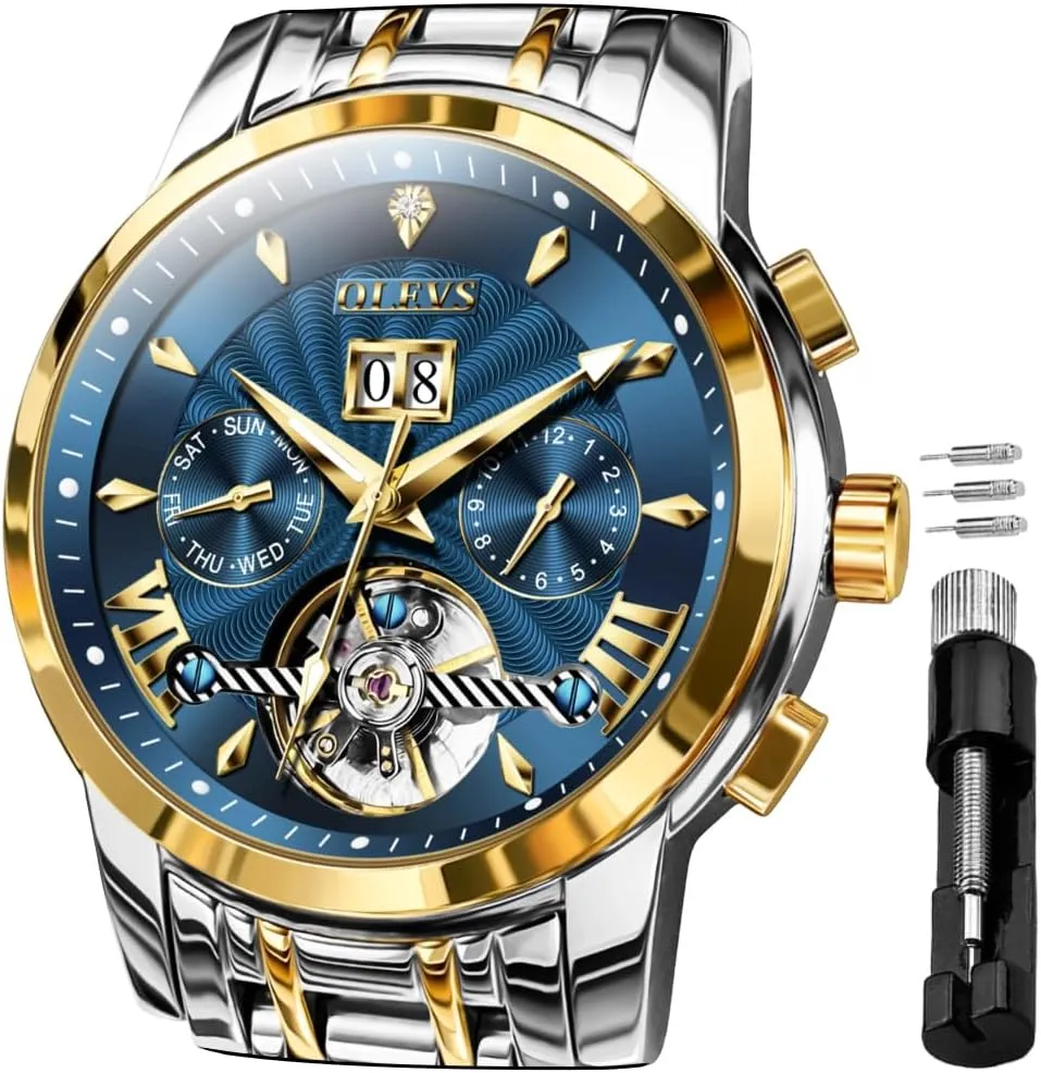 Men Automatic Skeleton 5 Hands Mechanical Luxury specially Watch Classic Calendar Stainless Steel Waterproof Mens Wrist Watch OLEVS Watches for 