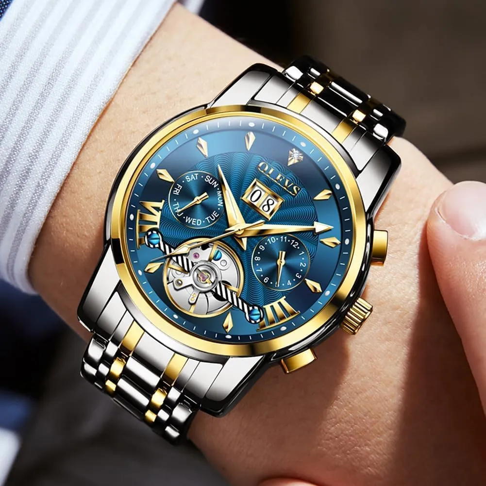 Men Automatic Skeleton 5 Hands Mechanical Luxury specially Watch Classic Calendar Stainless Steel Waterproof Mens Wrist Watch OLEVS Watches for 