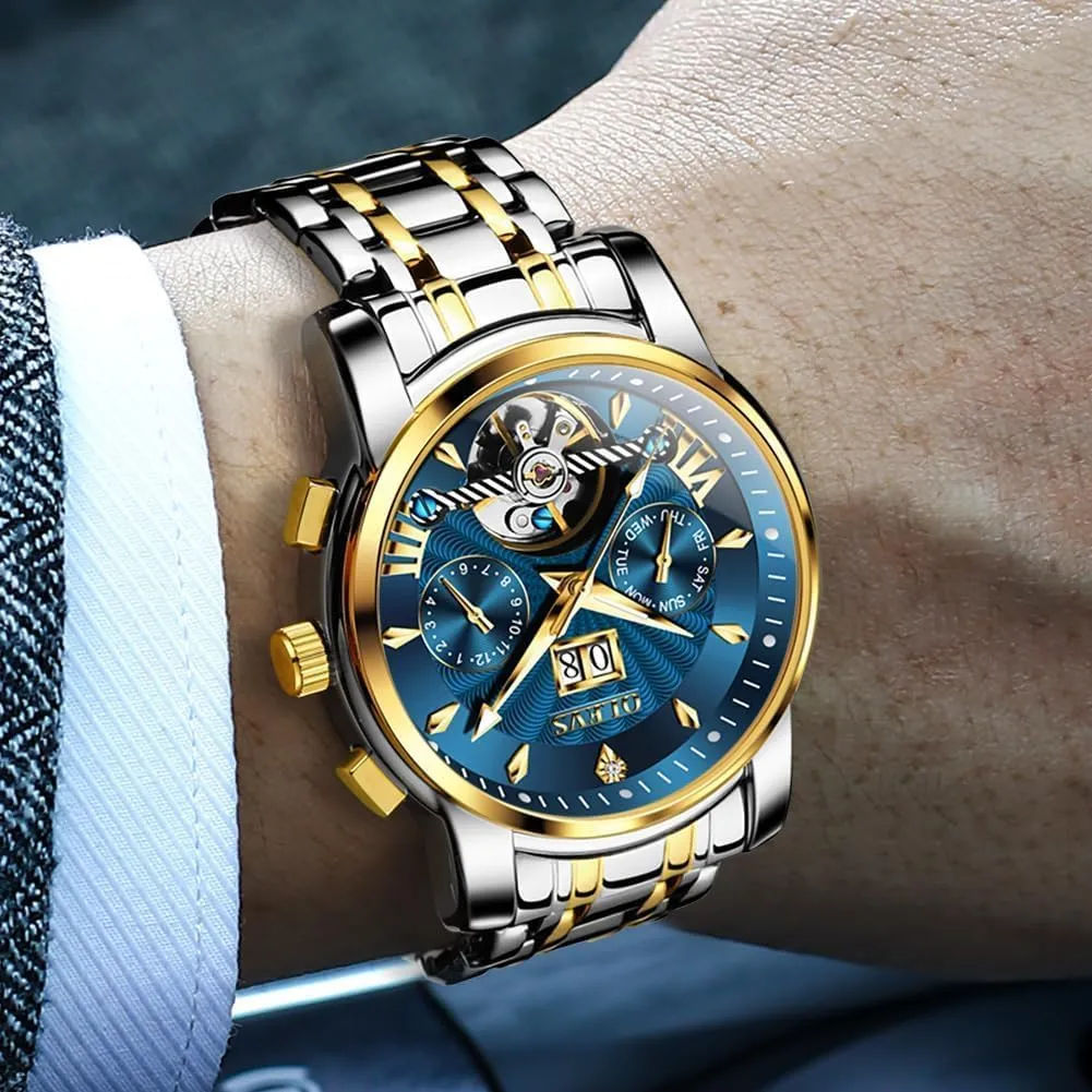 Men Automatic Skeleton 5 Hands Mechanical Luxury specially Watch Classic Calendar Stainless Steel Waterproof Mens Wrist Watch OLEVS Watches for 