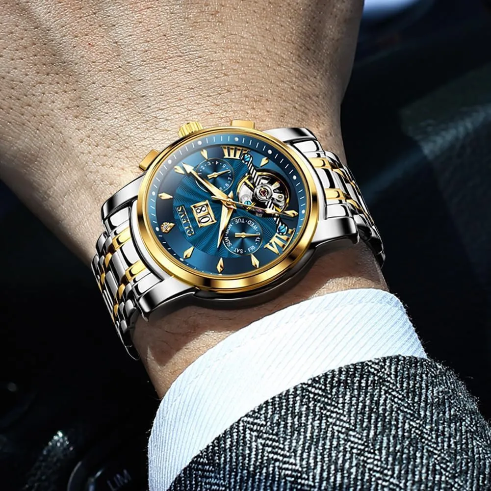 Men Automatic Skeleton 5 Hands Mechanical Luxury specially Watch Classic Calendar Stainless Steel Waterproof Mens Wrist Watch OLEVS Watches for 