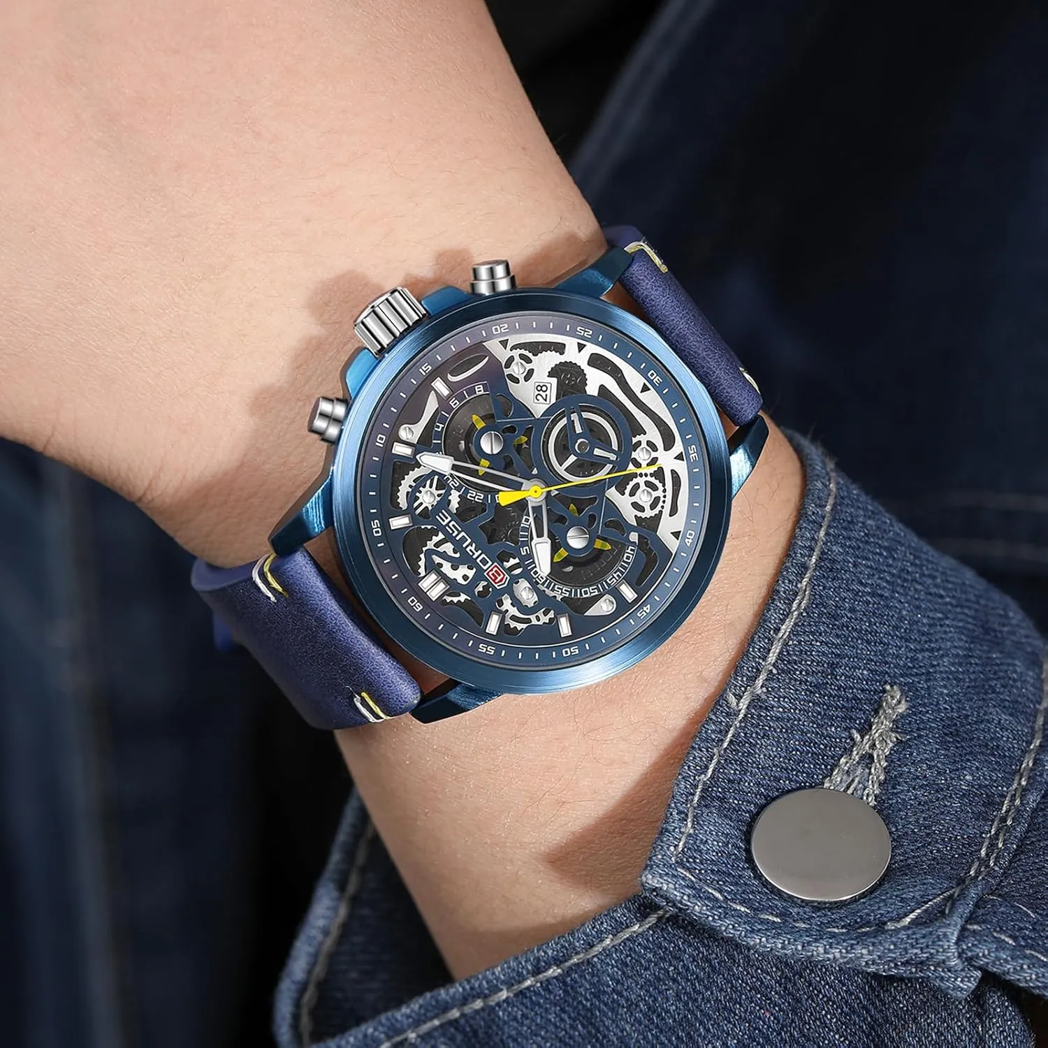 Men Business Chronograph Big Face Skeleton Quartz Watch Dress Classic restraint spectacle amenity orchestra Luminous Analog Calendar Waterproof Wristwatch for Leather Strap Watches for 