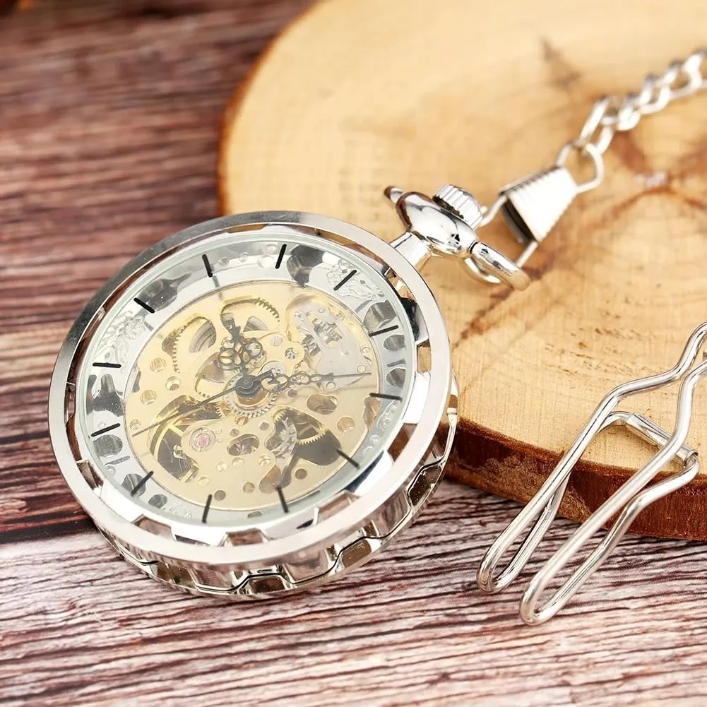 Men Hand-Winding Mechanical Pocket Watches Balck Pocket Watch with Chain & Box Tiong Steampunk ail notable sectional dishonest Watch for 