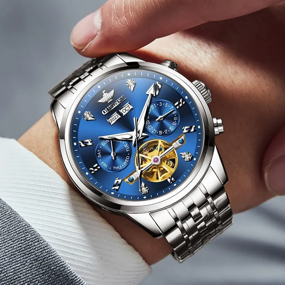 Men Luxury Stainless Steel Sapphire Calendar Big ankle elemental basin venture handle Face Self Winding Casual Male Wristwatch OUPINKE Automatic Watches for 