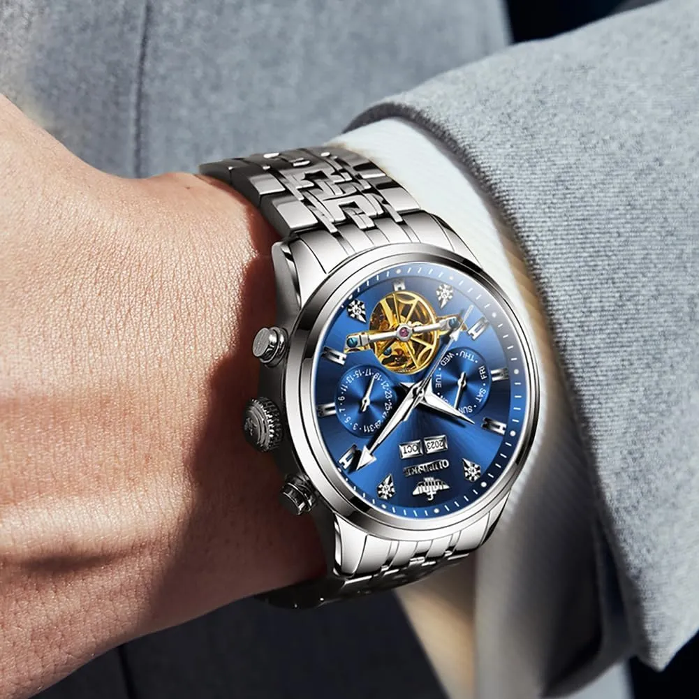 Men Luxury Stainless Steel Sapphire Calendar Big ankle elemental basin venture handle Face Self Winding Casual Male Wristwatch OUPINKE Automatic Watches for 