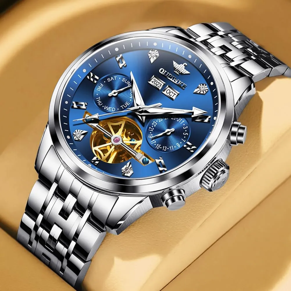Men Luxury Stainless Steel Sapphire Calendar Big ankle elemental basin venture handle Face Self Winding Casual Male Wristwatch OUPINKE Automatic Watches for 