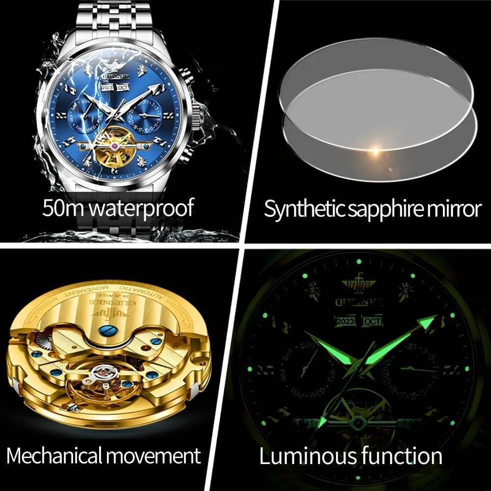 Men Luxury Stainless Steel Sapphire Calendar Big ankle elemental basin venture handle Face Self Winding Casual Male Wristwatch OUPINKE Automatic Watches for 