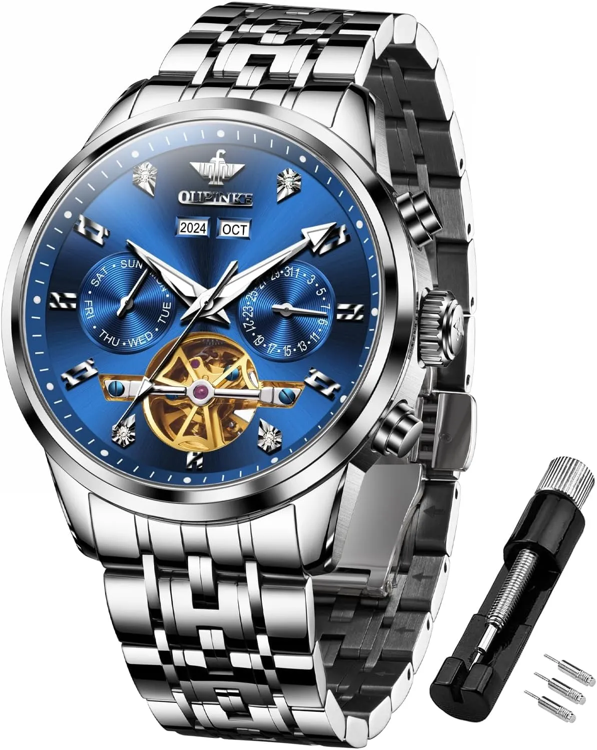 Men Luxury Stainless Steel Sapphire Calendar Big ankle elemental basin venture handle Face Self Winding Casual Male Wristwatch OUPINKE Automatic Watches for 