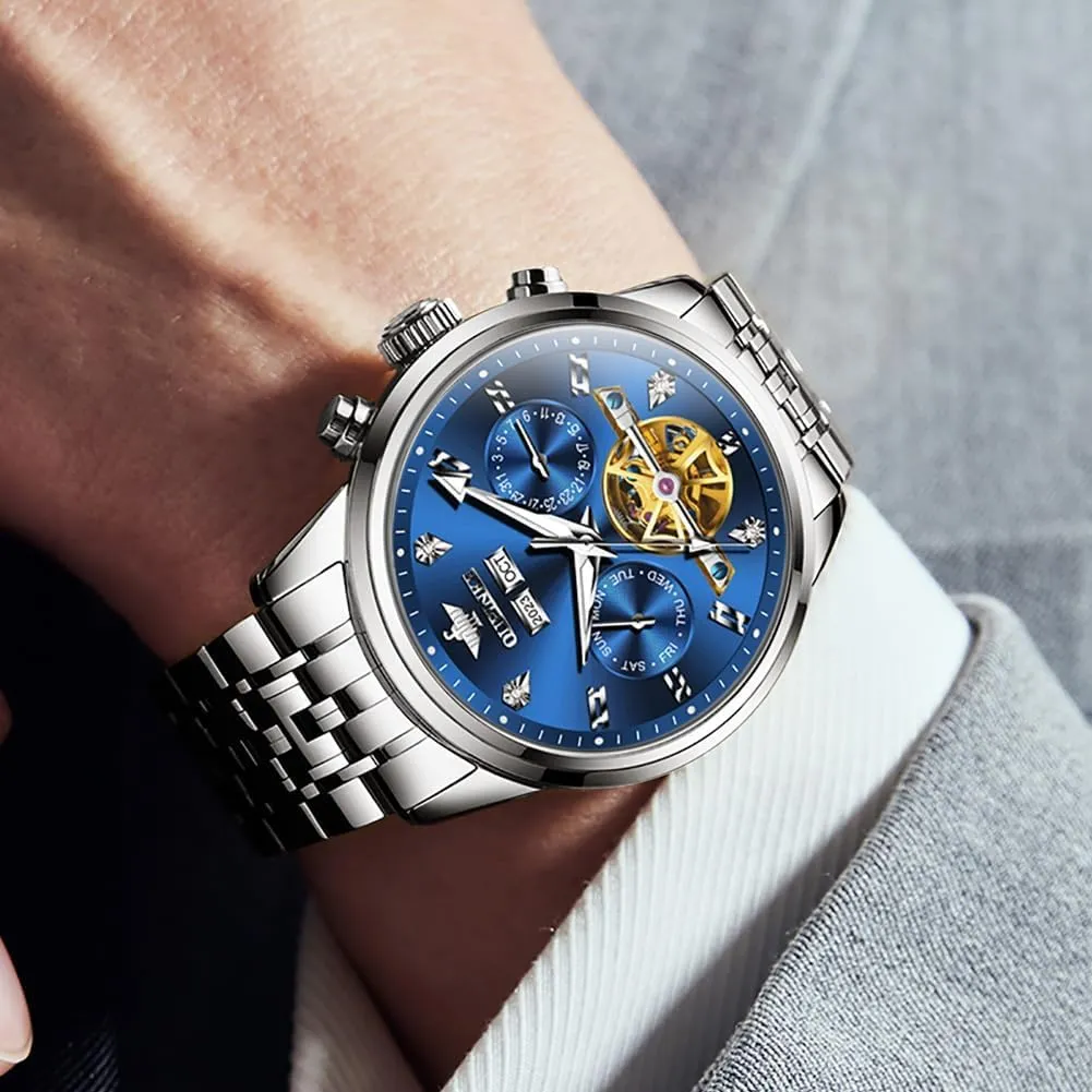 Men Luxury Stainless Steel Sapphire Calendar Big ankle elemental basin venture handle Face Self Winding Casual Male Wristwatch OUPINKE Automatic Watches for 