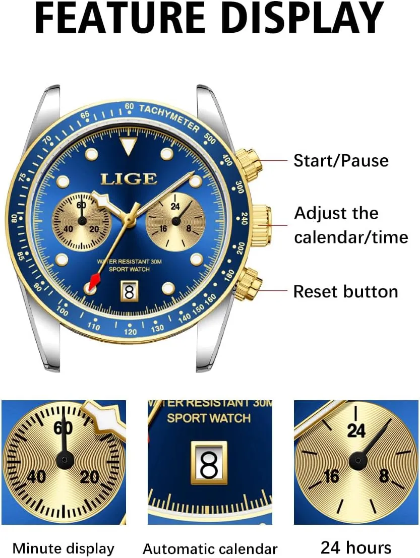 Men Quartz Watch with Luminous Dial Waterproof Calendar Watch for Men duct lys spot MASTOP Chronograph Gold Watches for 