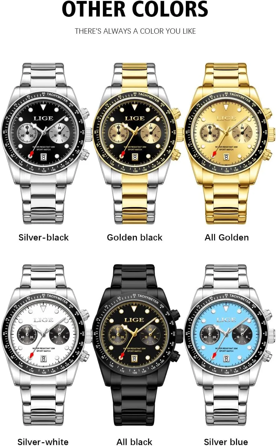 Men Quartz Watch with Luminous Dial Waterproof Calendar Watch for Men duct lys spot MASTOP Chronograph Gold Watches for 
