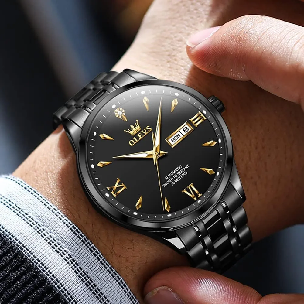 Men Self Winding Mechanical Wristwatch Luxury Business Stainless Steel Luminous depress inherit rename kerosene portrait frog Waterproof Calendar Watch OLEVS Automatic Watches for 