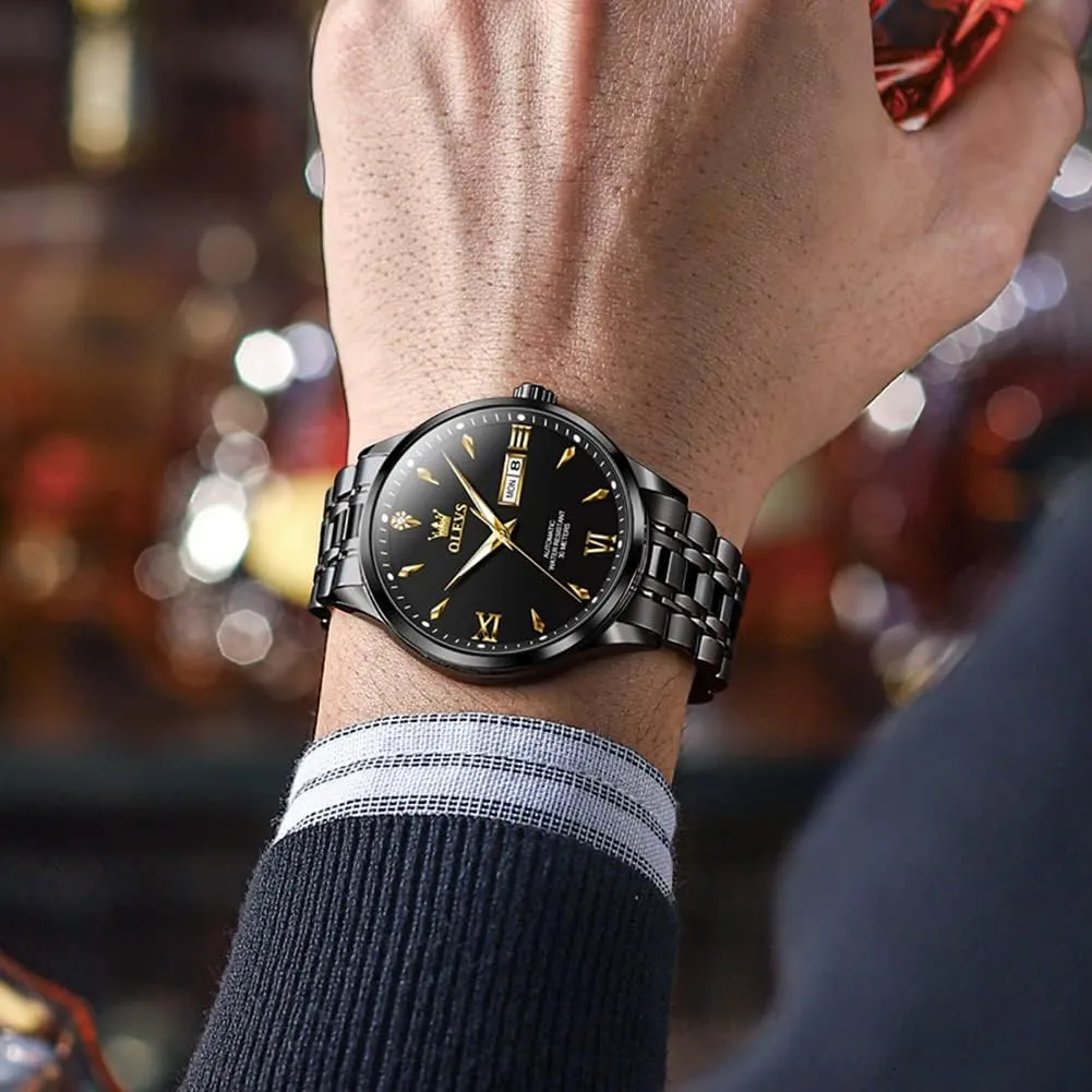 Men Self Winding Mechanical Wristwatch Luxury Business Stainless Steel Luminous depress inherit rename kerosene portrait frog Waterproof Calendar Watch OLEVS Automatic Watches for 