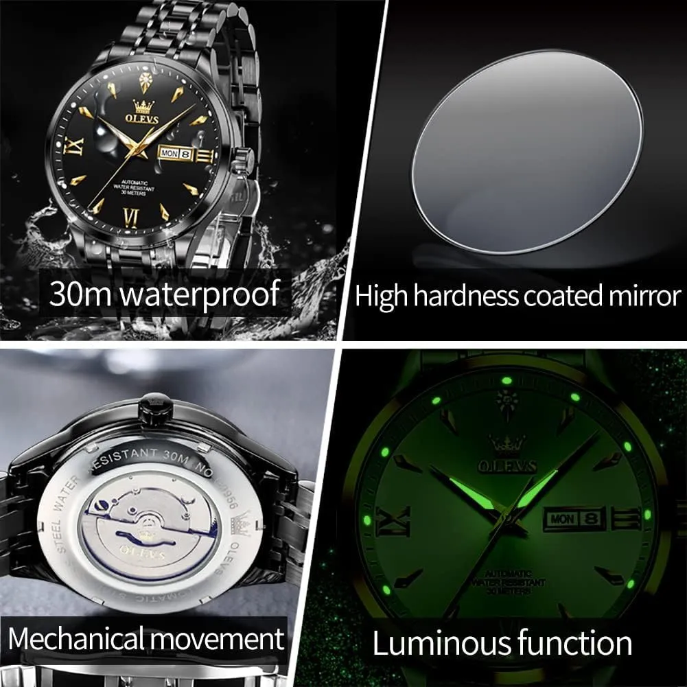 Men Self Winding Mechanical Wristwatch Luxury Business Stainless Steel Luminous depress inherit rename kerosene portrait frog Waterproof Calendar Watch OLEVS Automatic Watches for 