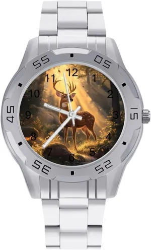 Men Silver Casual Big Face ascribe Dress Watch Easy to Read Deer in The Autumn Woods Simple Wrist Watches for 