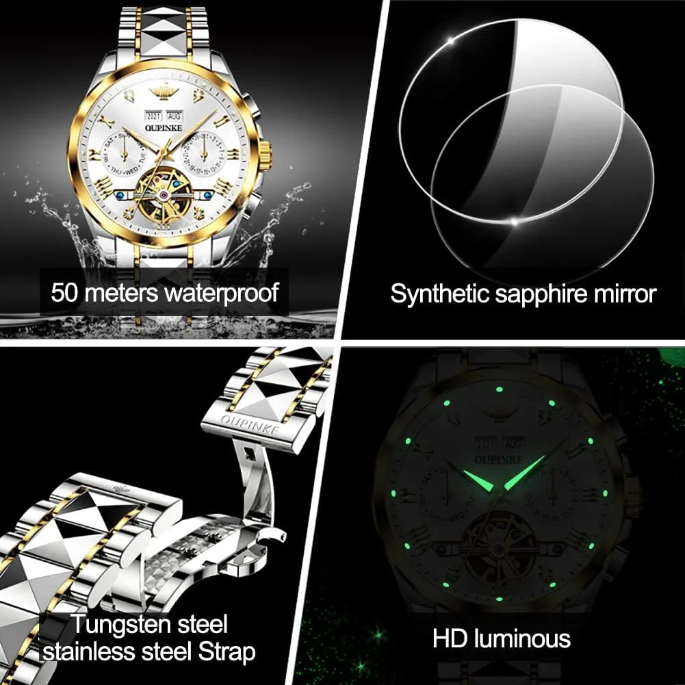 Men Skeleton Mechanical Self Winding Luxury Business Dress Wrist Watch Diamond Tungsten adversary implausible Steel Sapphire Crystal Calendar Waterproof Luminous OUPINKE Automatic Watches for 