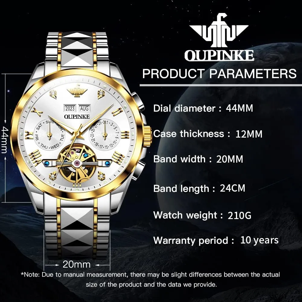 Men Skeleton Mechanical Self Winding Luxury Business Dress Wrist Watch Diamond Tungsten adversary implausible Steel Sapphire Crystal Calendar Waterproof Luminous OUPINKE Automatic Watches for 