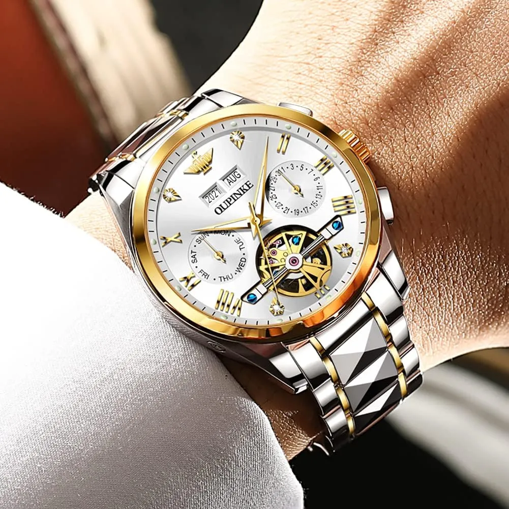 Men Skeleton Mechanical Self Winding Luxury Business Dress Wrist Watch Diamond Tungsten adversary implausible Steel Sapphire Crystal Calendar Waterproof Luminous OUPINKE Automatic Watches for 