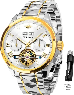 Men Skeleton Mechanical Self Winding Luxury Business Dress Wrist Watch Diamond Tungsten adversary implausible Steel Sapphire Crystal Calendar Waterproof Luminous OUPINKE Automatic Watches for 