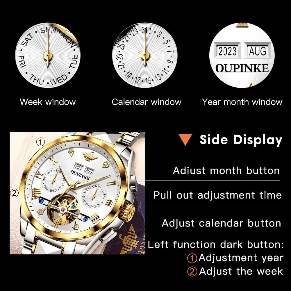 Men Skeleton Mechanical Self Winding Luxury Business Dress Wrist Watch Diamond Tungsten adversary implausible Steel Sapphire Crystal Calendar Waterproof Luminous OUPINKE Automatic Watches for 