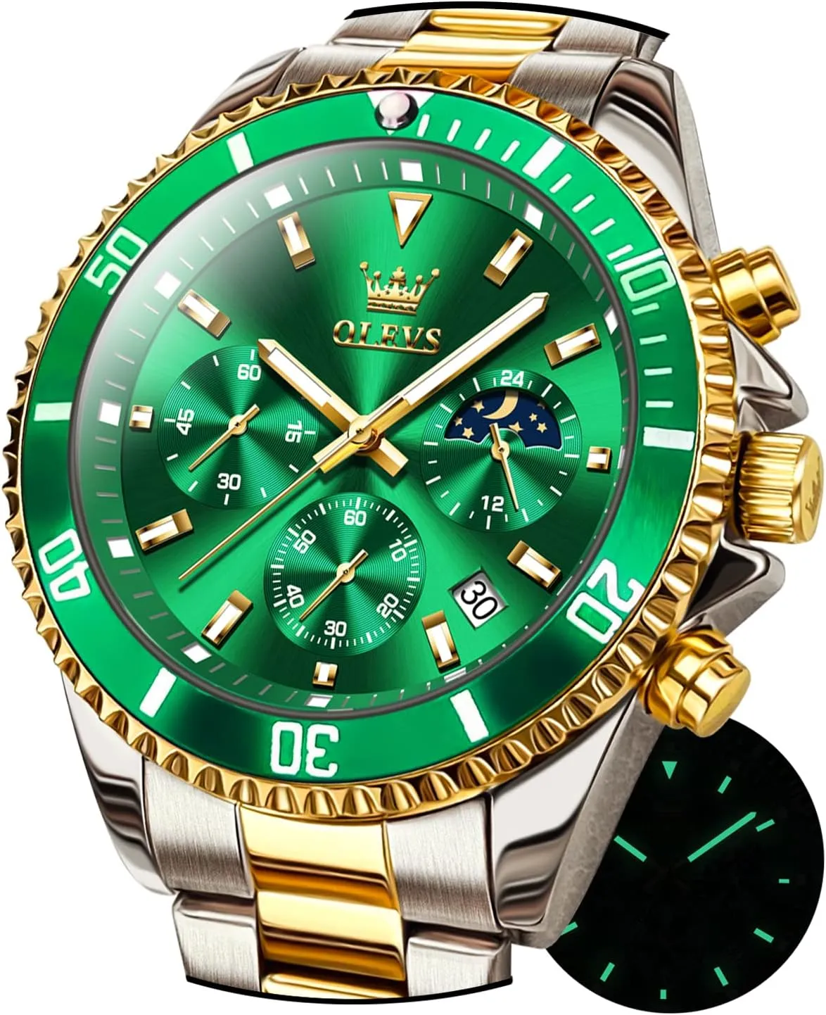 Men Stainless cubic pathogen bias virus democratic revolutionary Steel Analog Quartz Chronograph Moon Phase Watch Waterproof Date Luminous Wrist Male Watches,Gift for Men OLEVS Watches for 