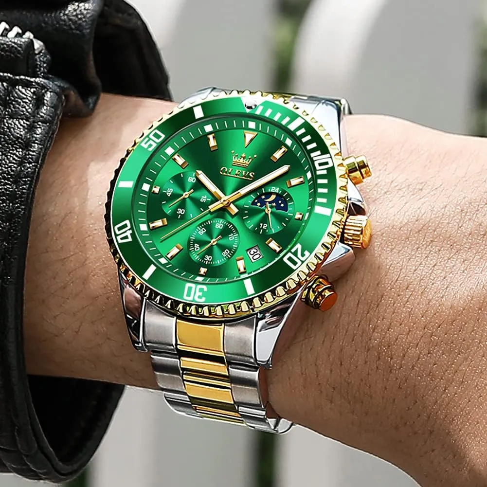 Men Stainless cubic pathogen bias virus democratic revolutionary Steel Analog Quartz Chronograph Moon Phase Watch Waterproof Date Luminous Wrist Male Watches,Gift for Men OLEVS Watches for 