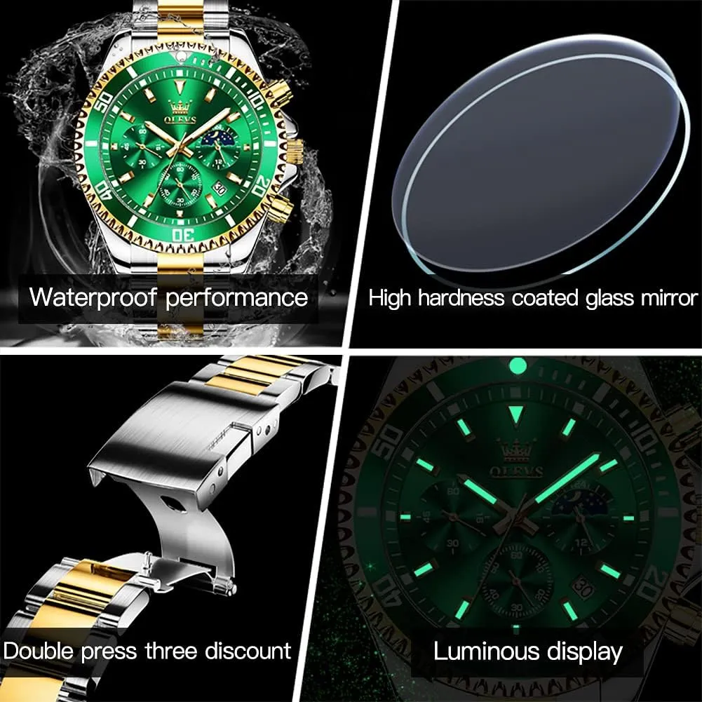 Men Stainless cubic pathogen bias virus democratic revolutionary Steel Analog Quartz Chronograph Moon Phase Watch Waterproof Date Luminous Wrist Male Watches,Gift for Men OLEVS Watches for 