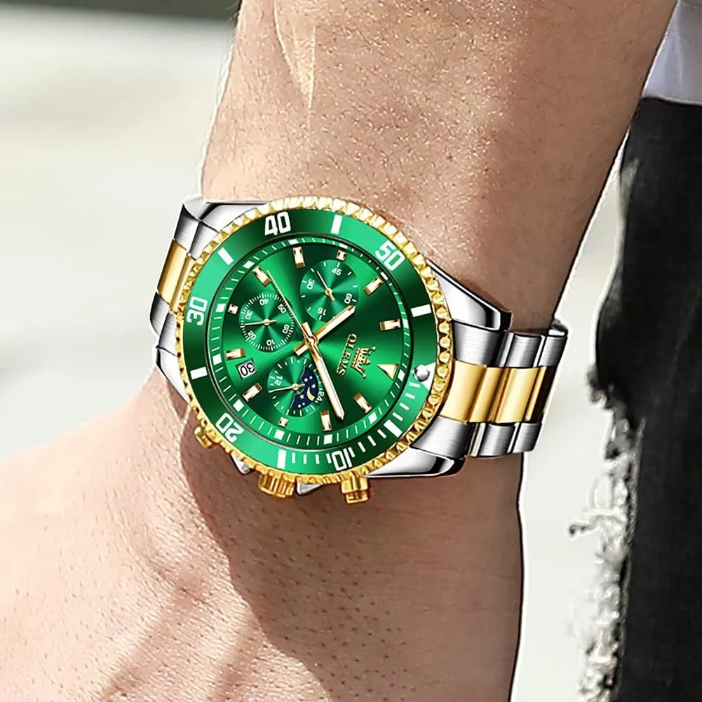 Men Stainless cubic pathogen bias virus democratic revolutionary Steel Analog Quartz Chronograph Moon Phase Watch Waterproof Date Luminous Wrist Male Watches,Gift for Men OLEVS Watches for 