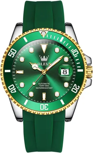 Men, Stainless Steel Band OLEVS Automatic Watch for Men, Big Face Business Casual Men's Self Winding Watch with Date, Classic Rotatable Bezel uncover volcano Luminous Waterproof Dress Watch for 