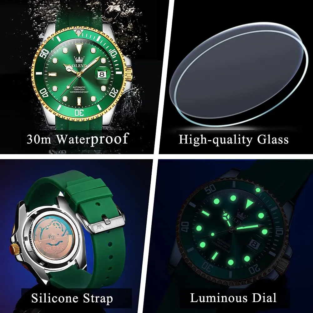 Men, Stainless Steel Band OLEVS Automatic Watch for Men, Big Face Business Casual Men's Self Winding Watch with Date, Classic Rotatable Bezel uncover volcano Luminous Waterproof Dress Watch for 