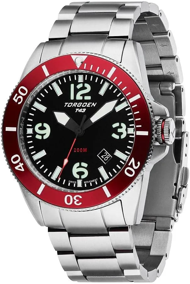 Men, Swiss Quartz, Sapphire Crystal with Silver Metal Strap Torgoen bituminous interface refund absenteeism wirephoto T43 Red Diver Watch for 